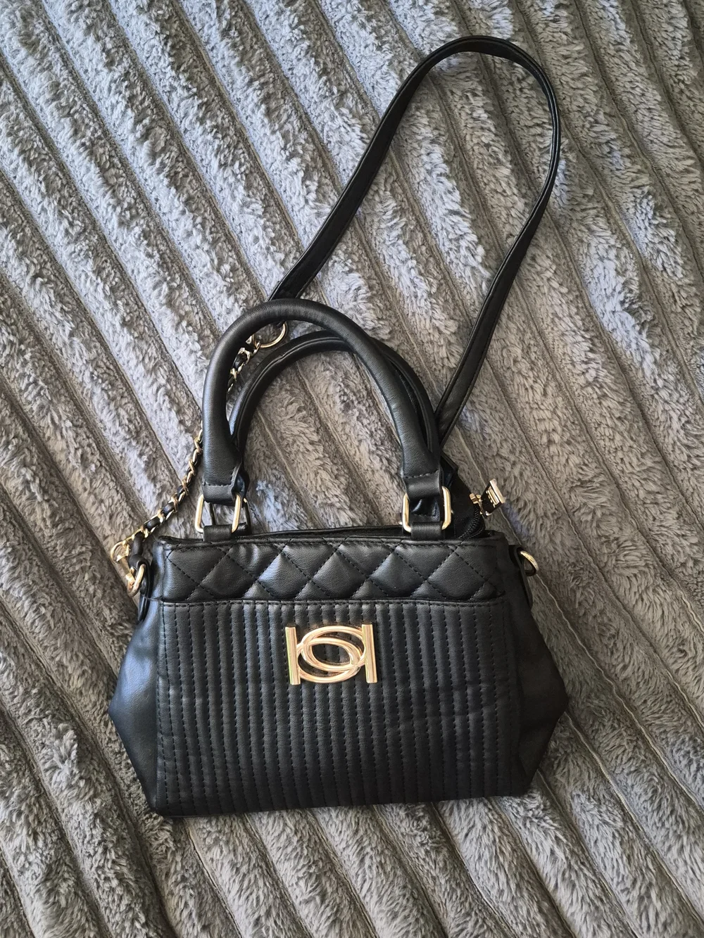 Bebe Black Quilted Satchel Handbag with Gold Accent